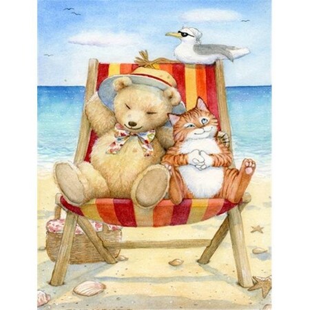 Carolines Treasures Carolines Treasures CDCO0336CHF Summer Teddy Bear & Cat on Beach Flag Canvas House Size CDCO0336CHF
